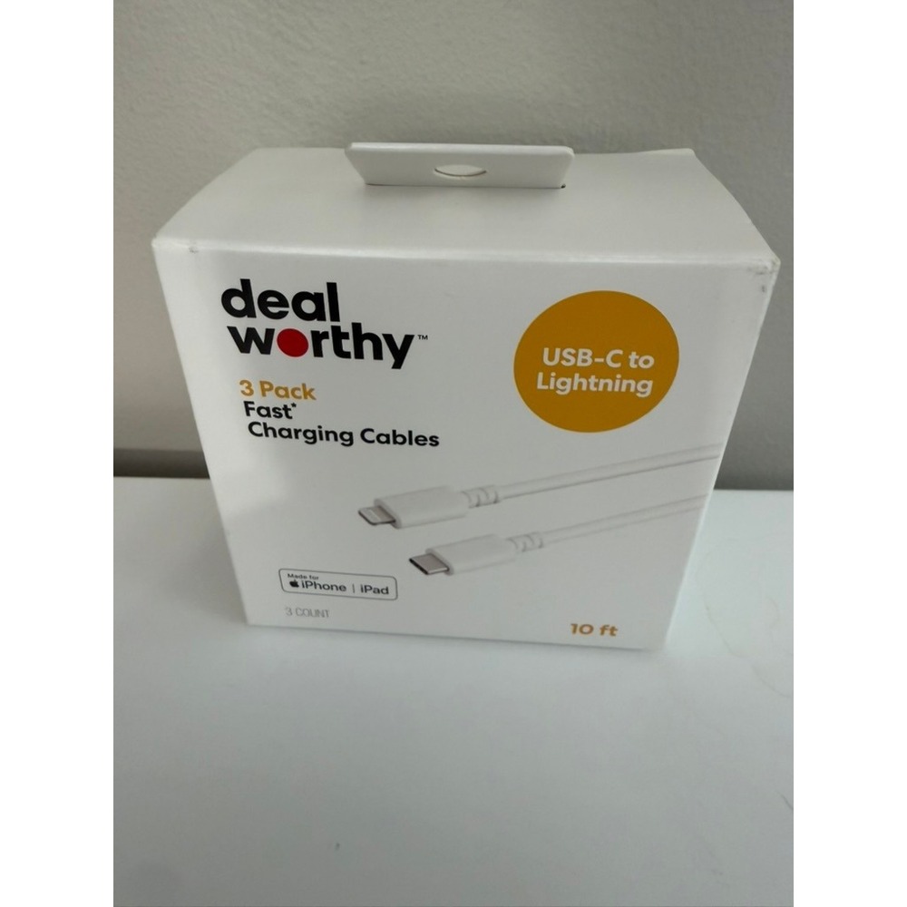 Deal Worthy USB-C to Lightning Cables 3 Pack 10ft White Fast Charging NWT